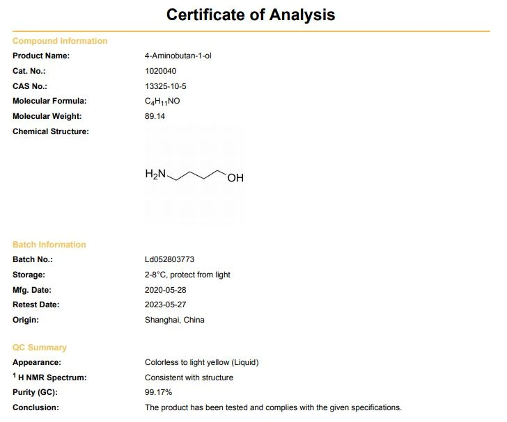 4-Amino-1-butanol COA | Shaanxi BLOOM Tech Co., Ltda 4-Amino-1-butanol COA | Shaanxi BLOOM Tech Co., Ltda